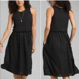 PRANA Dress Sz S Perry Blouson Midi Black Tank Relaxed Fit Striped Woven Skirt